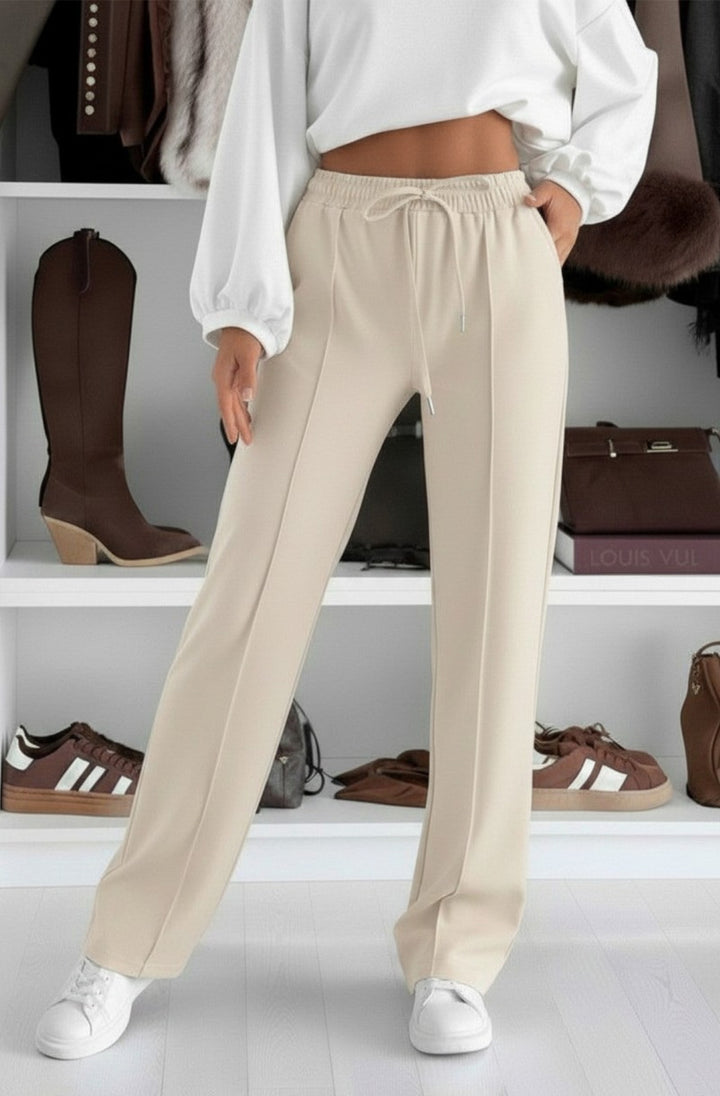 Sarah Elasticated Waist Drawstring Pocket Wide Leg Trousers-Stone