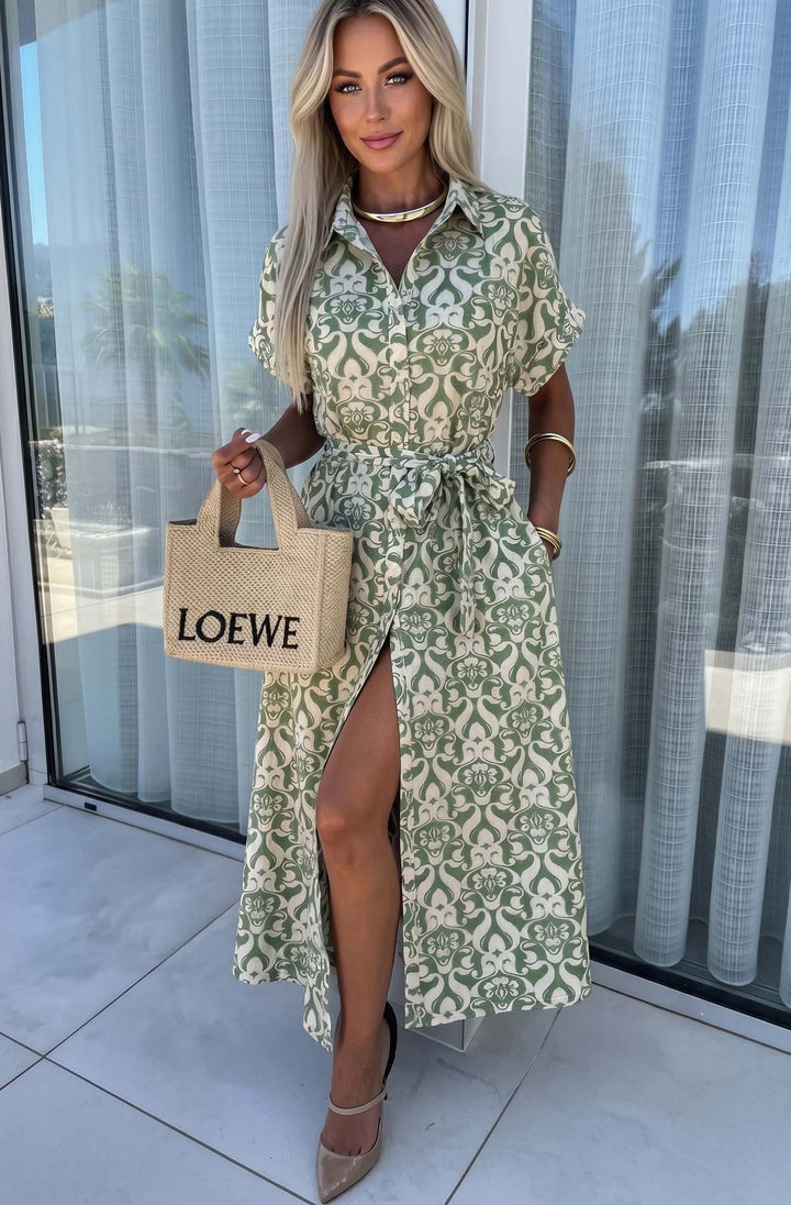Sasha Mediterranean Tile Print Belted Shirt Midi Dress