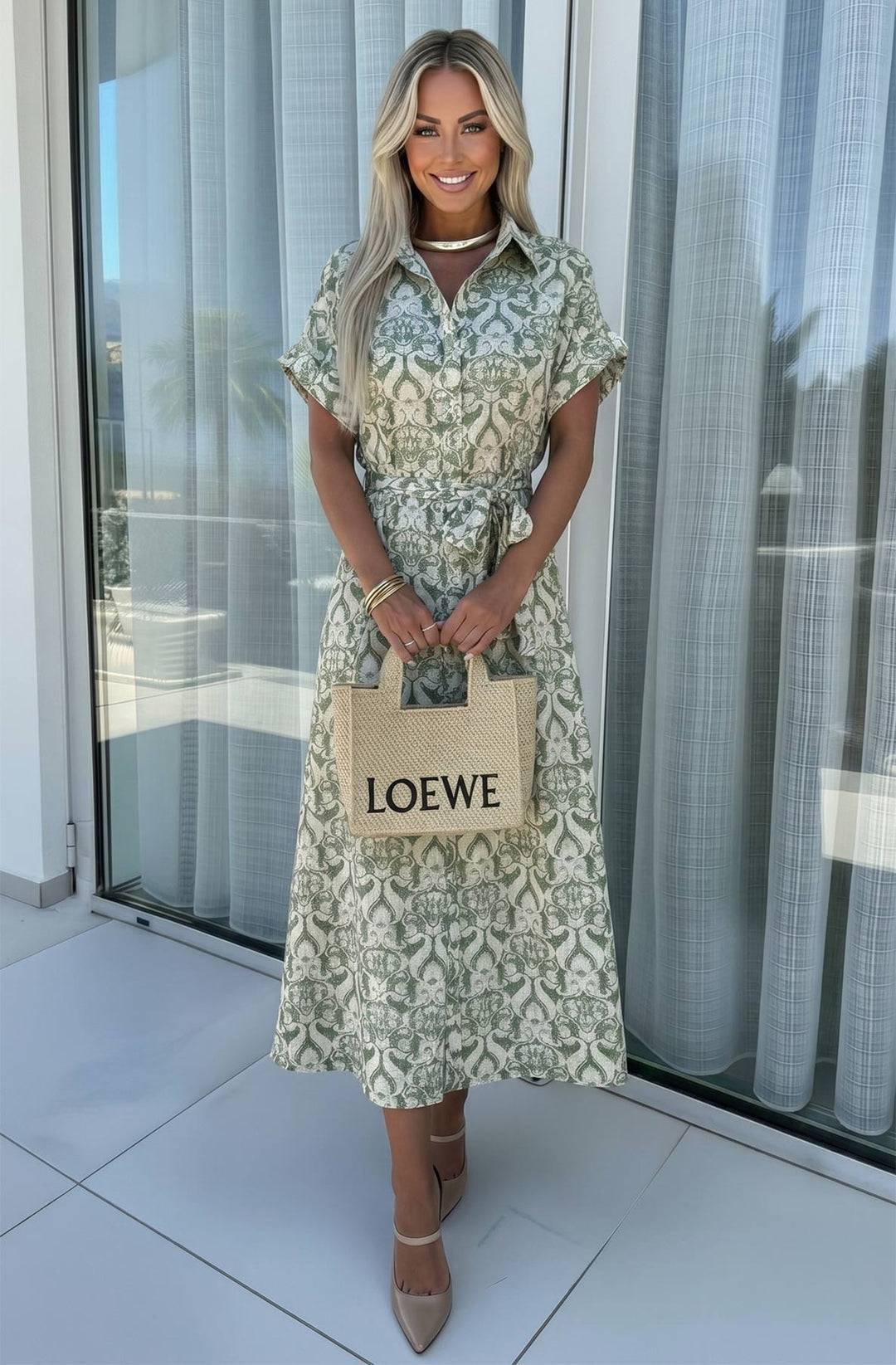 Sasha Mediterranean Tile Print Belted Shirt Midi Dress