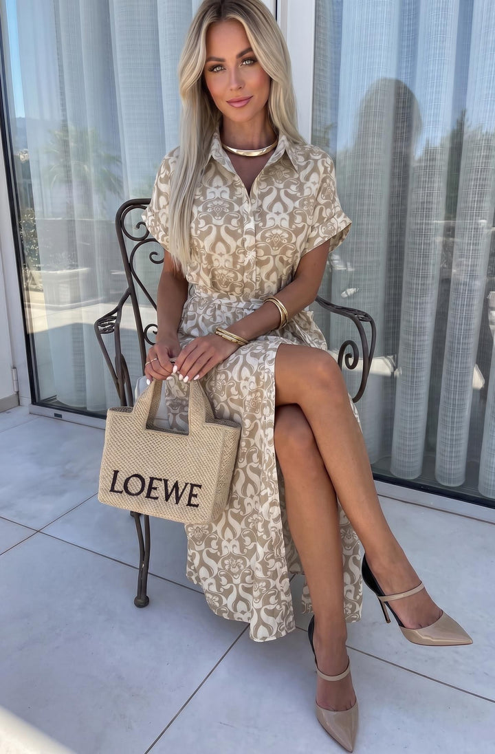 Sasha Mediterranean Tile Print Belted Shirt Midi Dress