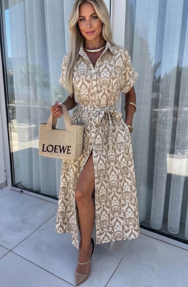 Sasha Mediterranean Tile Print Belted Shirt Midi Dress