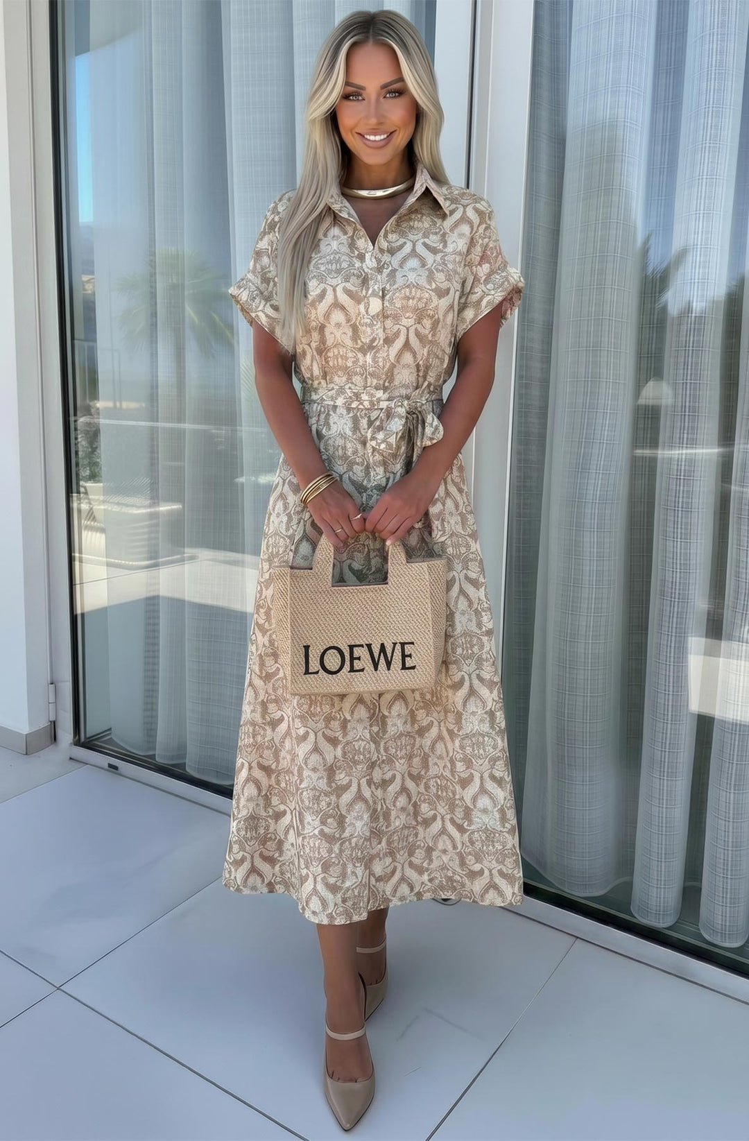 Sasha Mediterranean Tile Print Belted Shirt Midi Dress