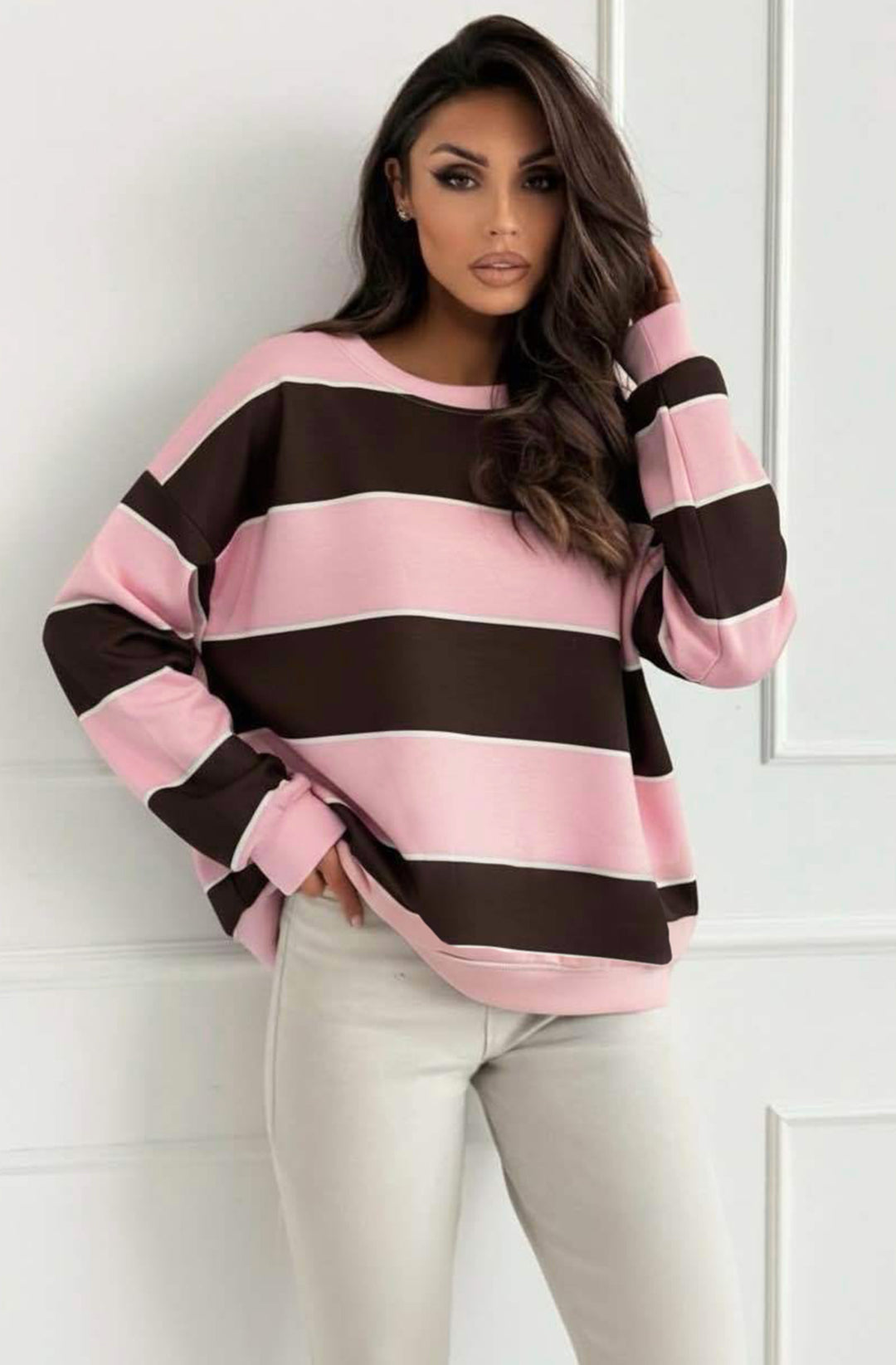 Savi Stripe Oversized Sweatshirt Top - Baby Pink