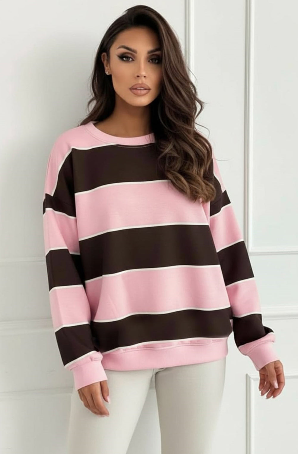 Savi Stripe Oversized Sweatshirt Top - Baby Pink
