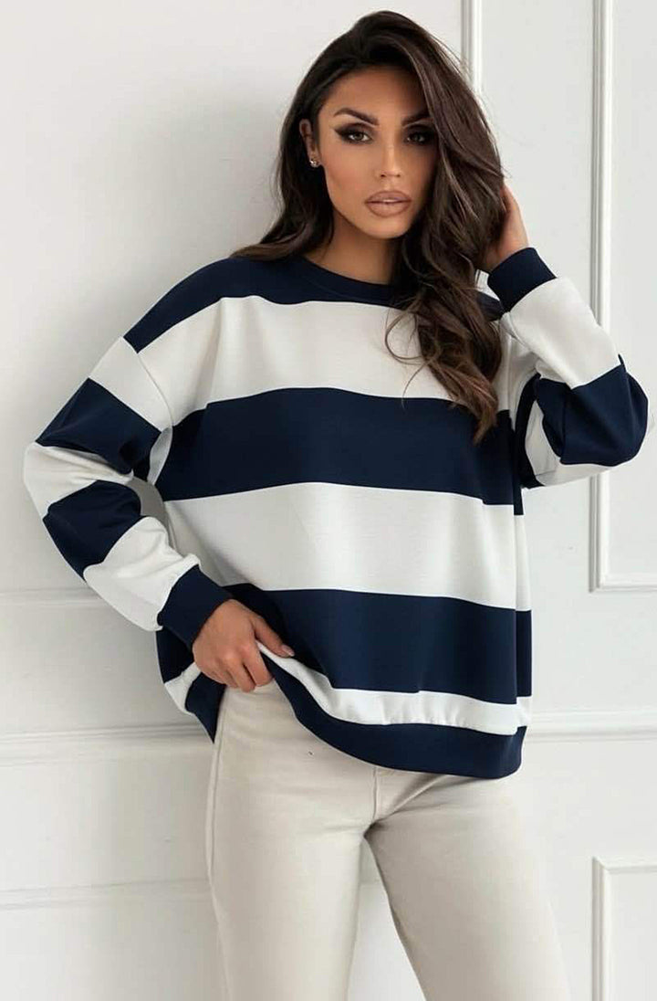 Savi Stripe Oversized Sweatshirt Top - Navy