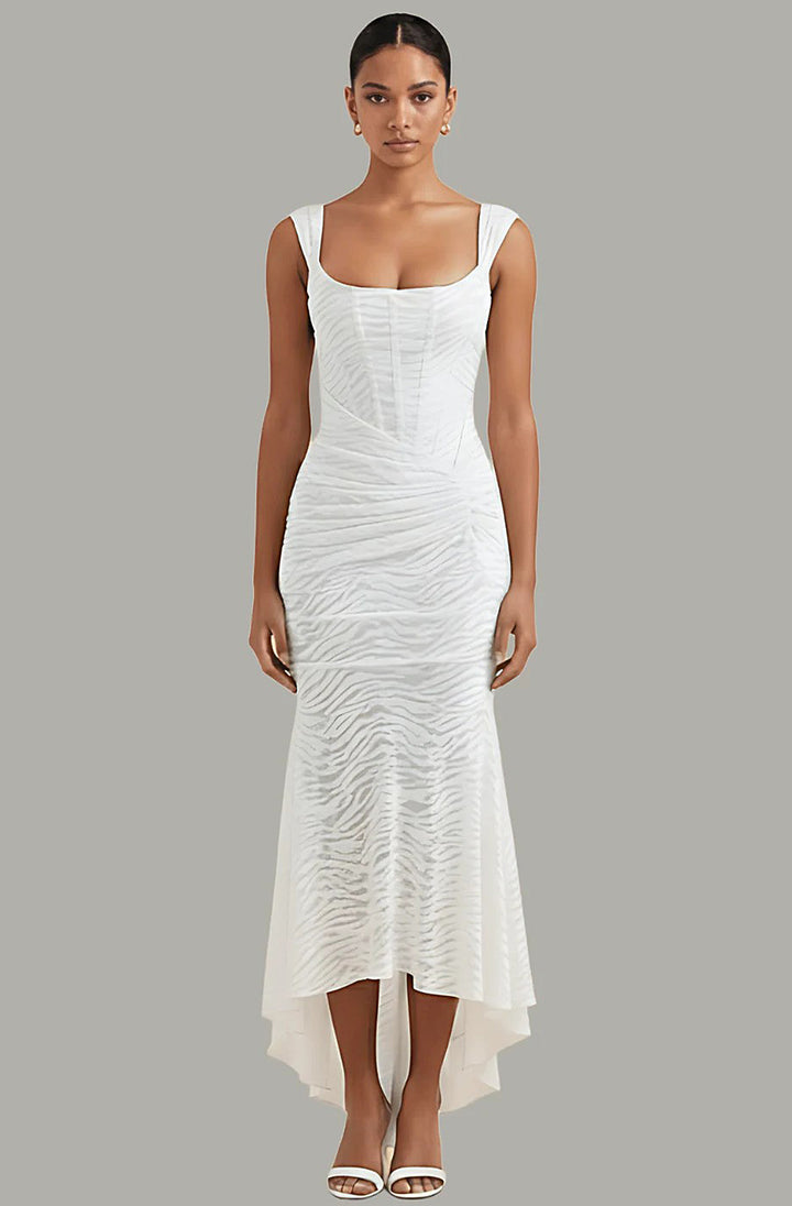 Selene Zebra Textured Ruched Draped Corset Fishtail Hi-Low Midaxi Dress