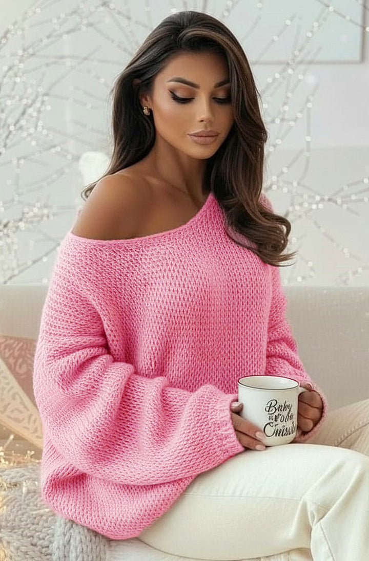 Sena Oversized Off Shoulder Knitted Sweater Jumper Top - Baby Pink