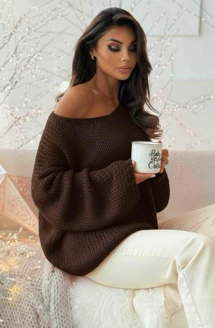 Sena Oversized Off Shoulder Knitted Sweater Jumper Top - Chocolate
