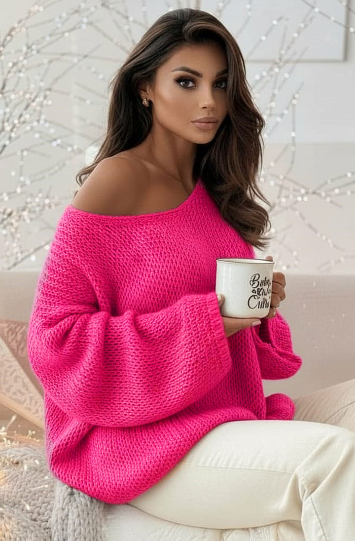 Sena Oversize Off Shoulder Knitted Sweater Jumper Top-Hot Pink