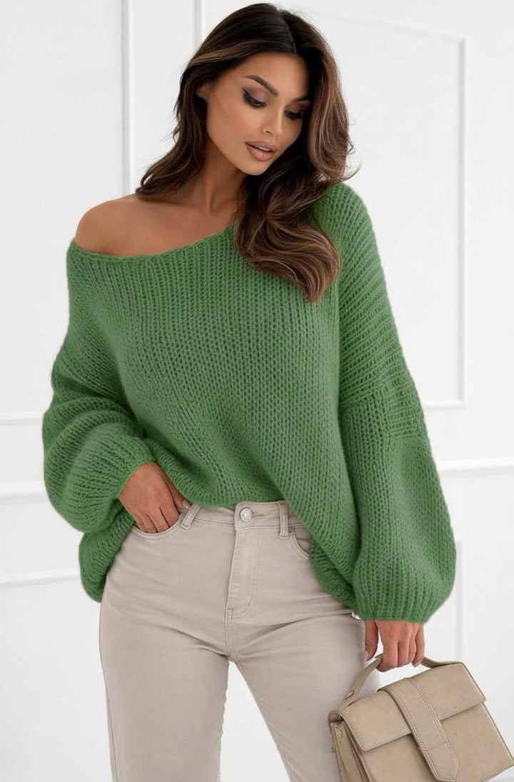 Sena Oversized Off Shoulder Knitted Sweater Jumper Top - Khaki