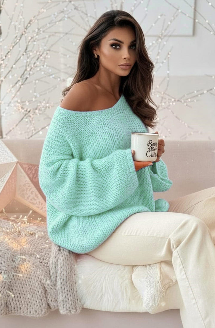 Sena Oversized Off Shoulder Knitted Sweater Jumper Top - Mint