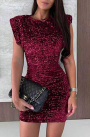 Seraphina Sequin Shoulder Pad Mini Dress-Wine