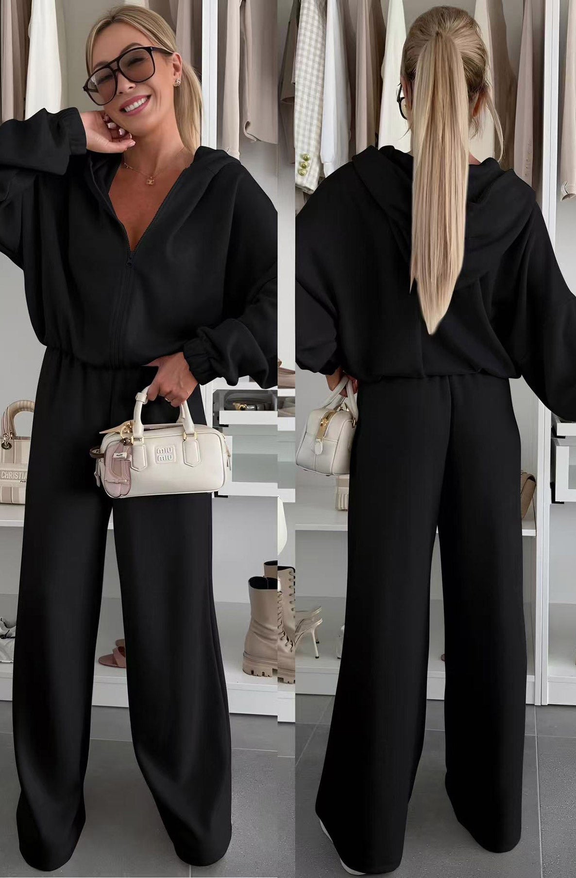 Seren Hooded Two Piece Lounge Set-Black