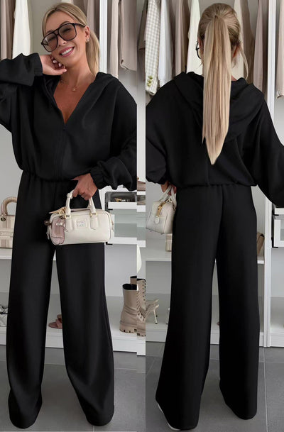 Seren Hooded Two Piece Lounge Set-Black