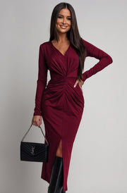 Serena Ruched Bodycon Midaxi Dress-Wine