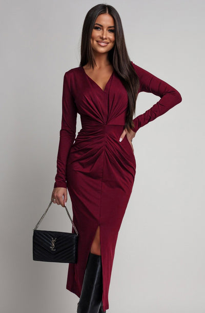 Serena Ruched Bodycon Midaxi Dress-Wine