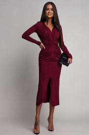 Serena Ruched Bodycon Midaxi Dress-Wine