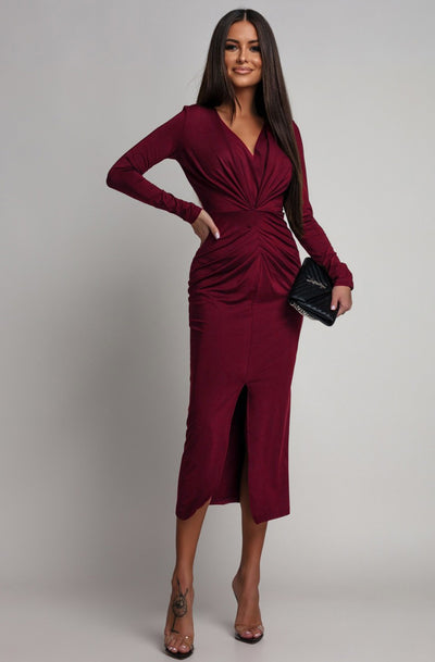 Serena Ruched Bodycon Midaxi Dress-Wine