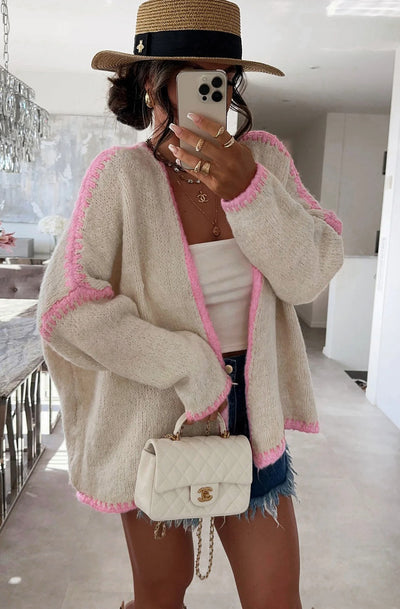 Shania Contrast Knitted Cardigan-Pink