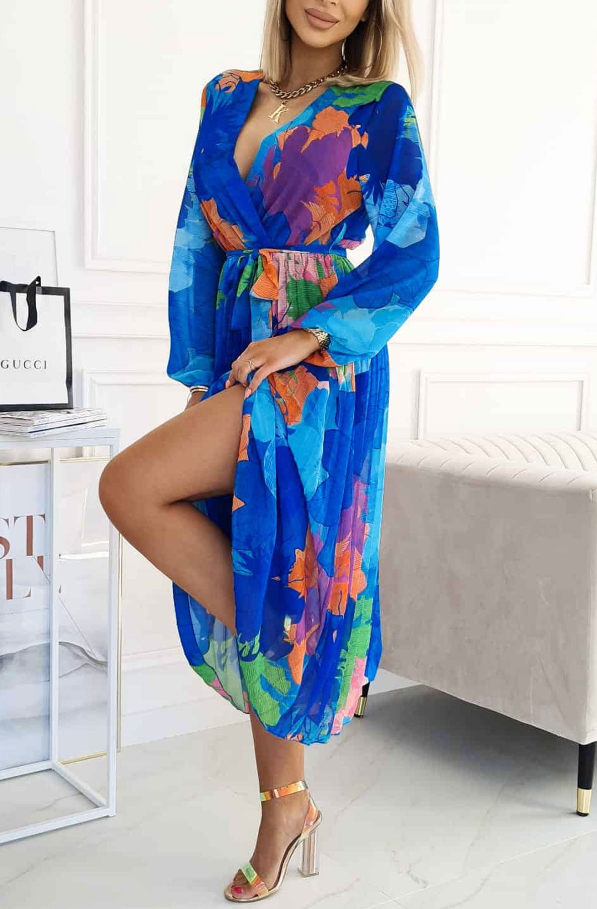 Sharon Floral Chiffon Pleated Maxi Dress-Royal Blue