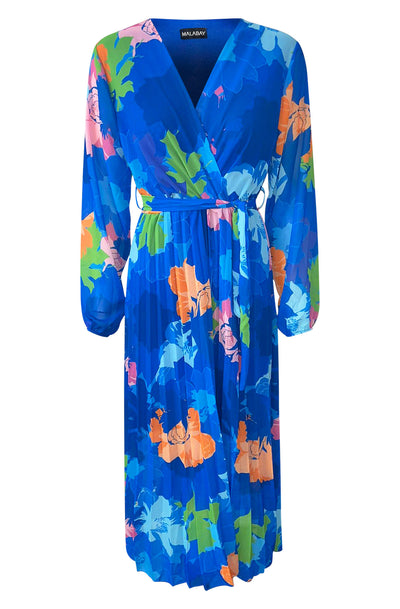 Sharon Floral Chiffon Pleated Maxi Dress-Royal Blue