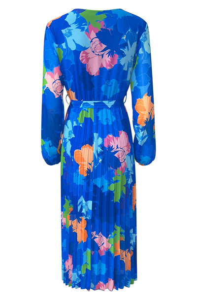 Sharon Floral Chiffon Pleated Maxi Dress-Royal Blue