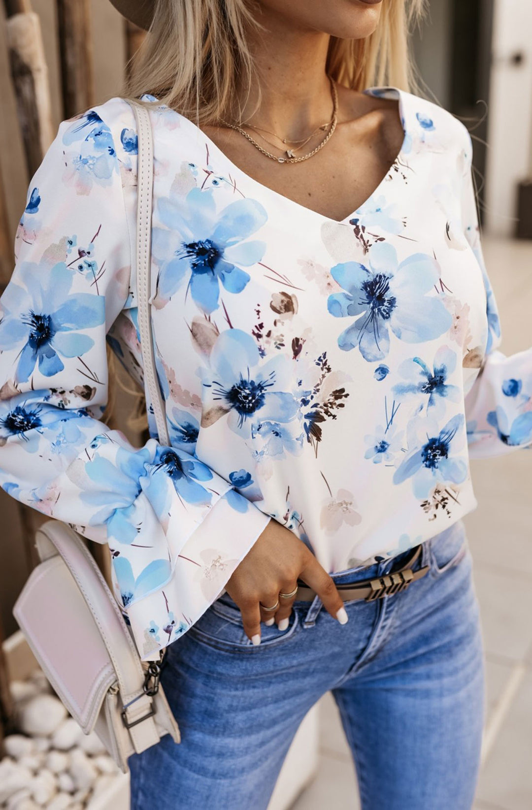 Shiloh Floral Frill Shirt Blouse Top - Blue
