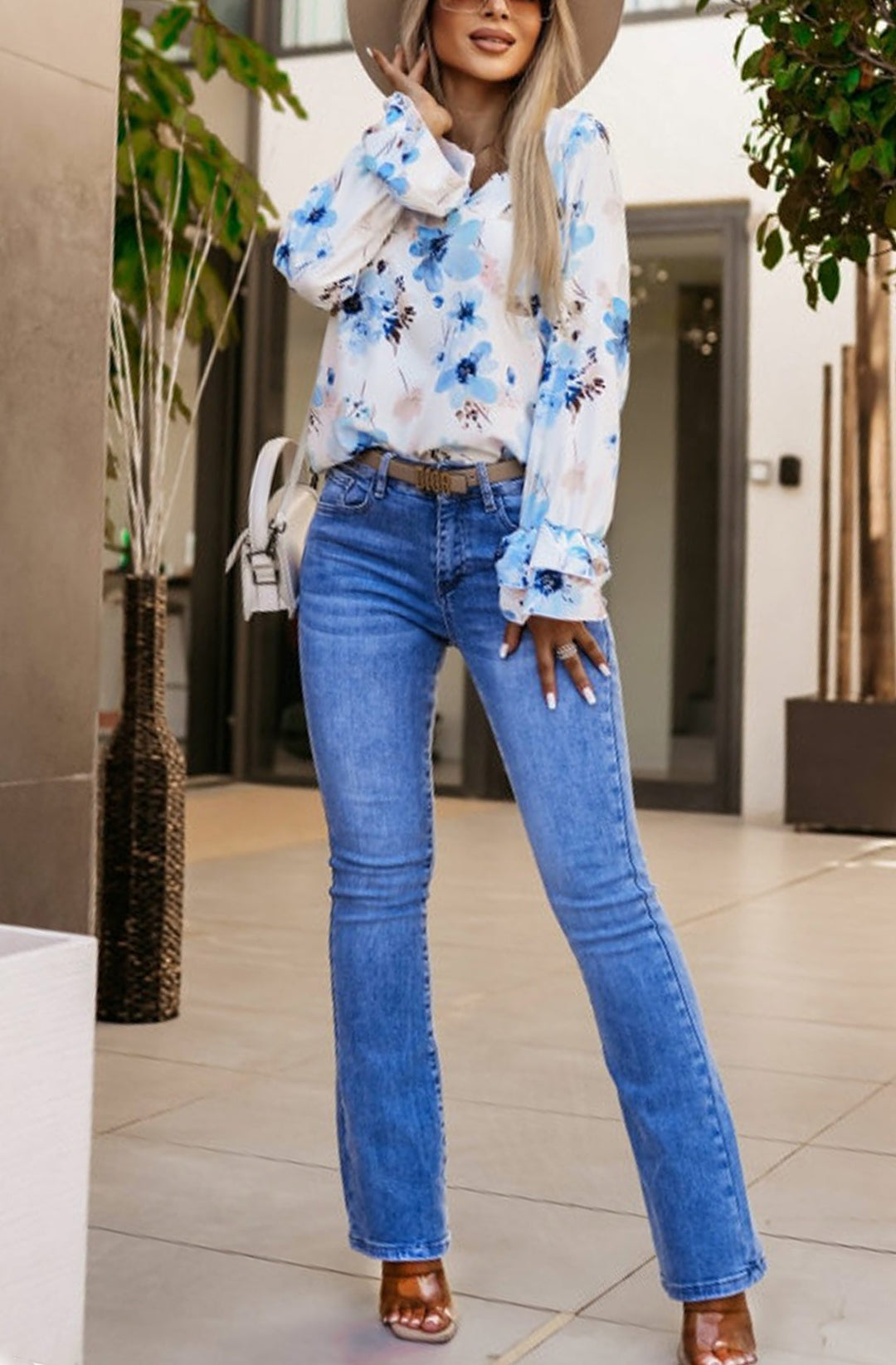Shiloh Floral Frill Shirt Blouse Top - Blue