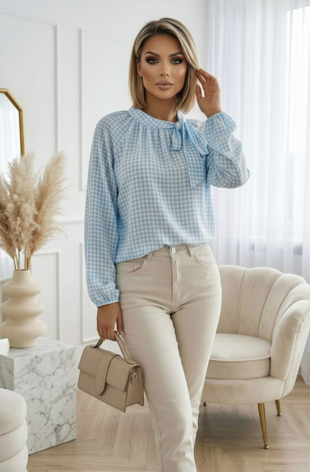 Sia Sheer Gingham Tie-Neck Blouse Top - Blue