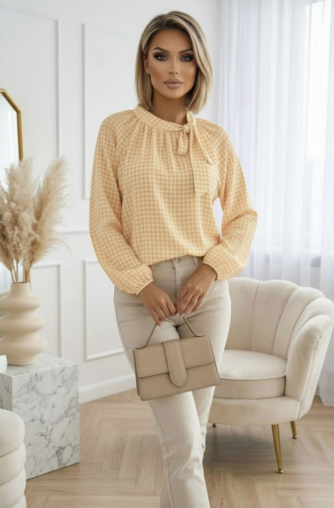 Sia Sheer Gingham Tie-Neck Blouse Top - Yellow