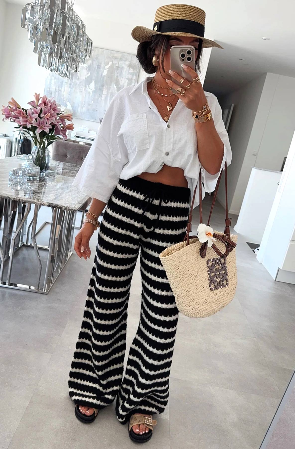 Simone Striped Knitted Wide Leg Trousers-Black