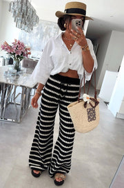 Simone Striped Knitted Wide Leg Trousers-Black