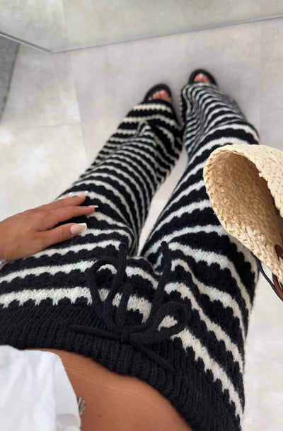 Simone Striped Knitted Wide Leg Trousers-Black