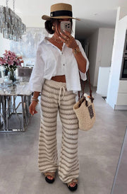 Simone Striped Knitted Wide Leg Trousers-Stone