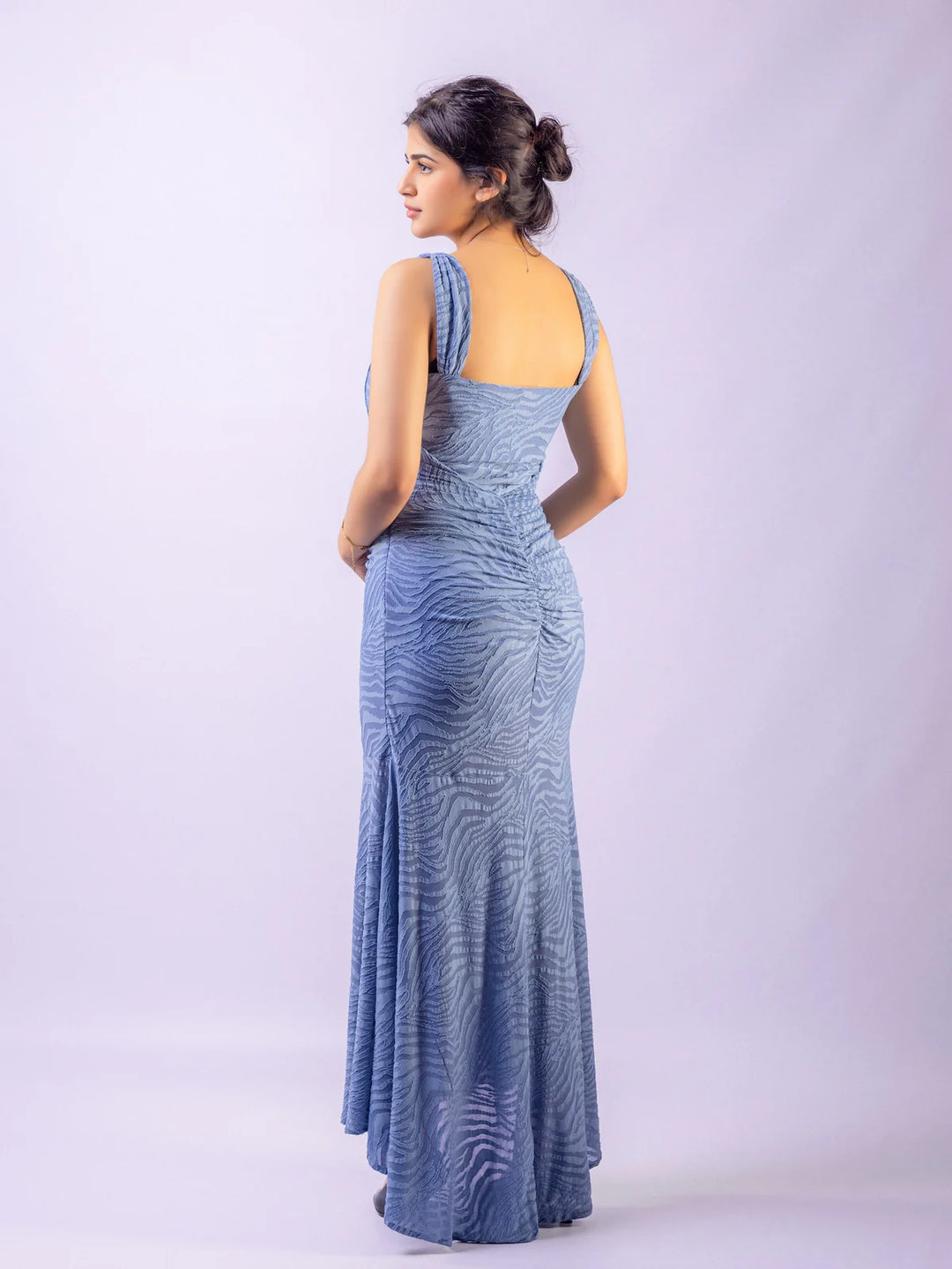 Selene Zebra Textured Ruched Draped Corset Fishtail Hi-Low Midaxi Dress