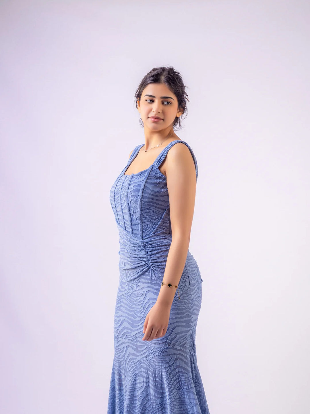 Selene Zebra Textured Ruched Draped Corset Fishtail Hi-Low Midaxi Dress