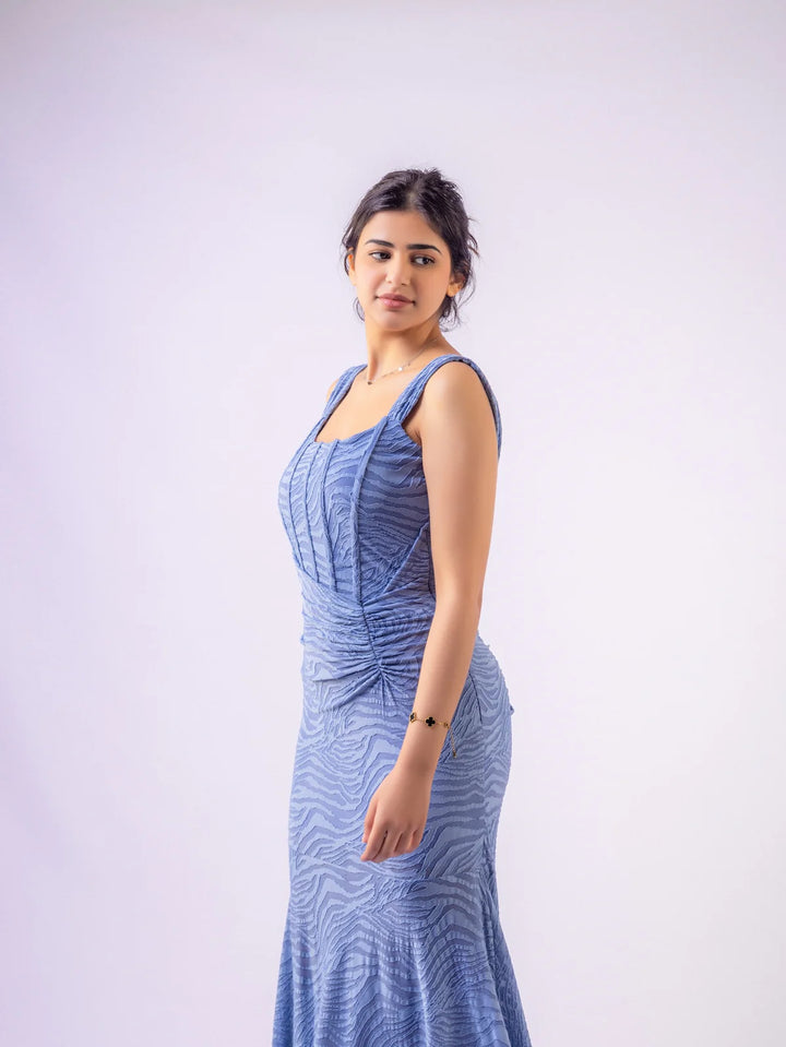 Selene Zebra Textured Ruched Draped Corset Fishtail Hi-Low Midaxi Dress