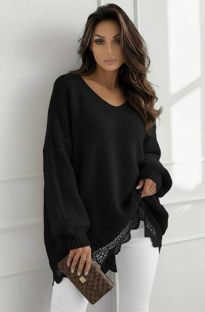 Sola Oversized V Neck Lace Hem  Knitted Sweater Jumper