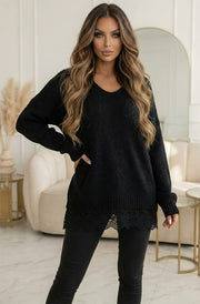 Sola Oversized V Neck Lace Hem  Knitted Sweater Jumper-Black