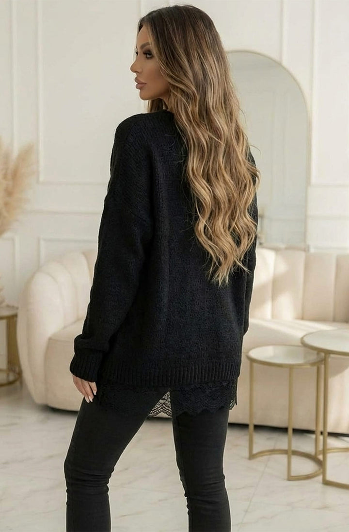 Sola Oversized V Neck Lace Hem  Knitted Sweater Jumper-Black