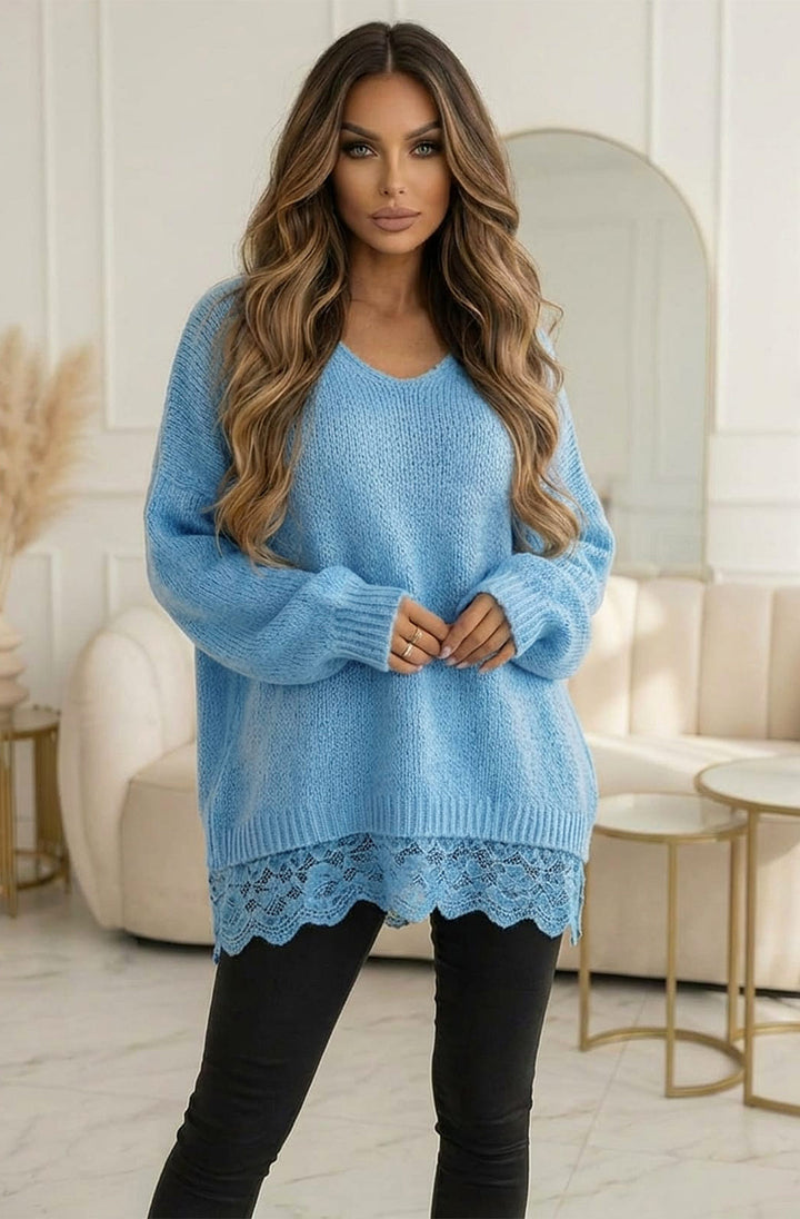 Sola Oversized V Neck Lace Hem  Knitted Sweater Jumper - Blue