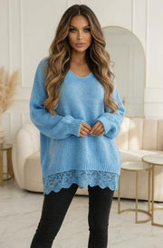 Sola Oversized V Neck Lace Hem  Knitted Sweater Jumper-Blue