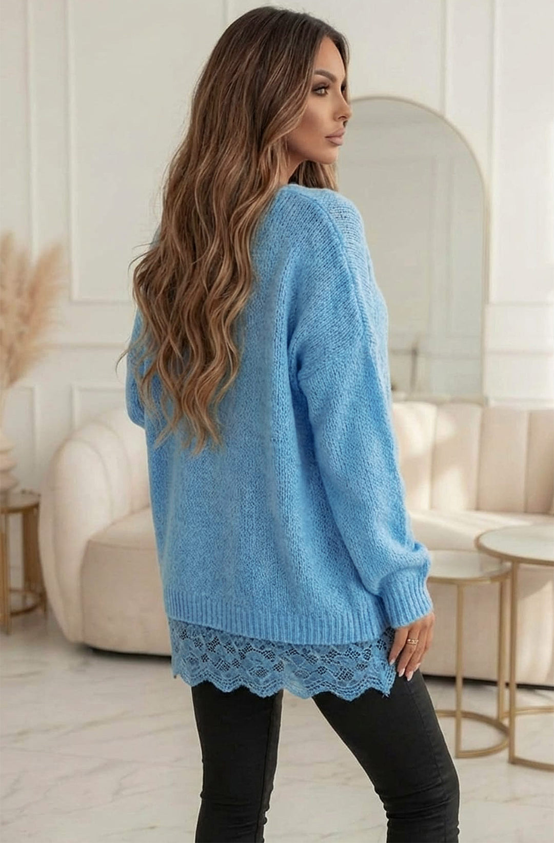 Sola Oversized V Neck Lace Hem  Knitted Sweater Jumper - Blue