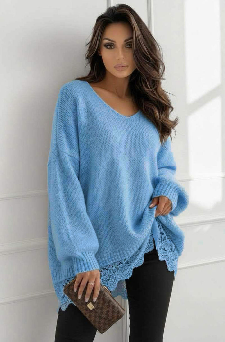 Sola Oversized V Neck Lace Hem  Knitted Sweater Jumper