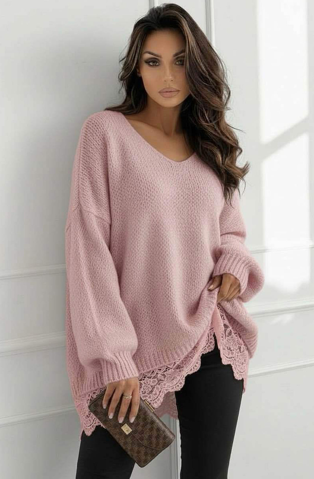 Sola Oversized V Neck Lace Hem  Knitted Sweater Jumper