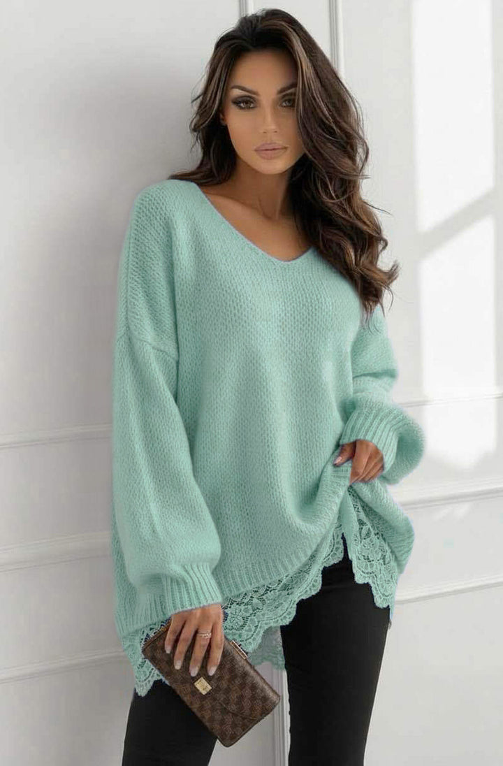 Sola Oversized V Neck Lace Hem  Knitted Sweater Jumper