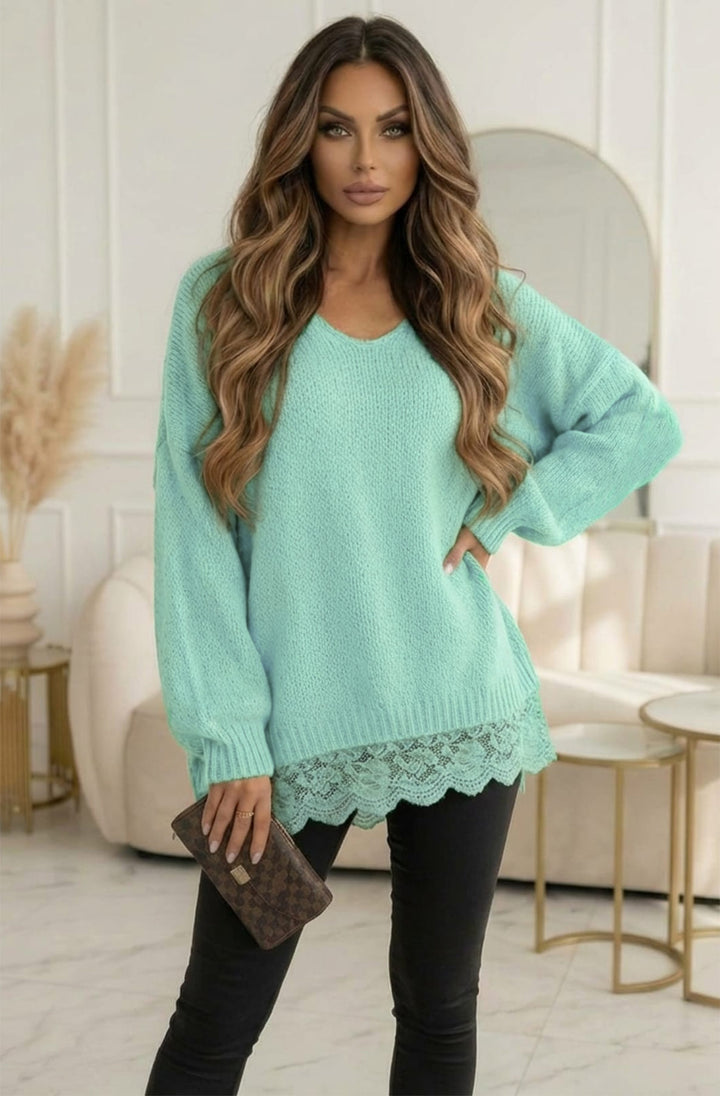Sola Oversized V Neck Lace Hem  Knitted Sweater Jumper-Mint