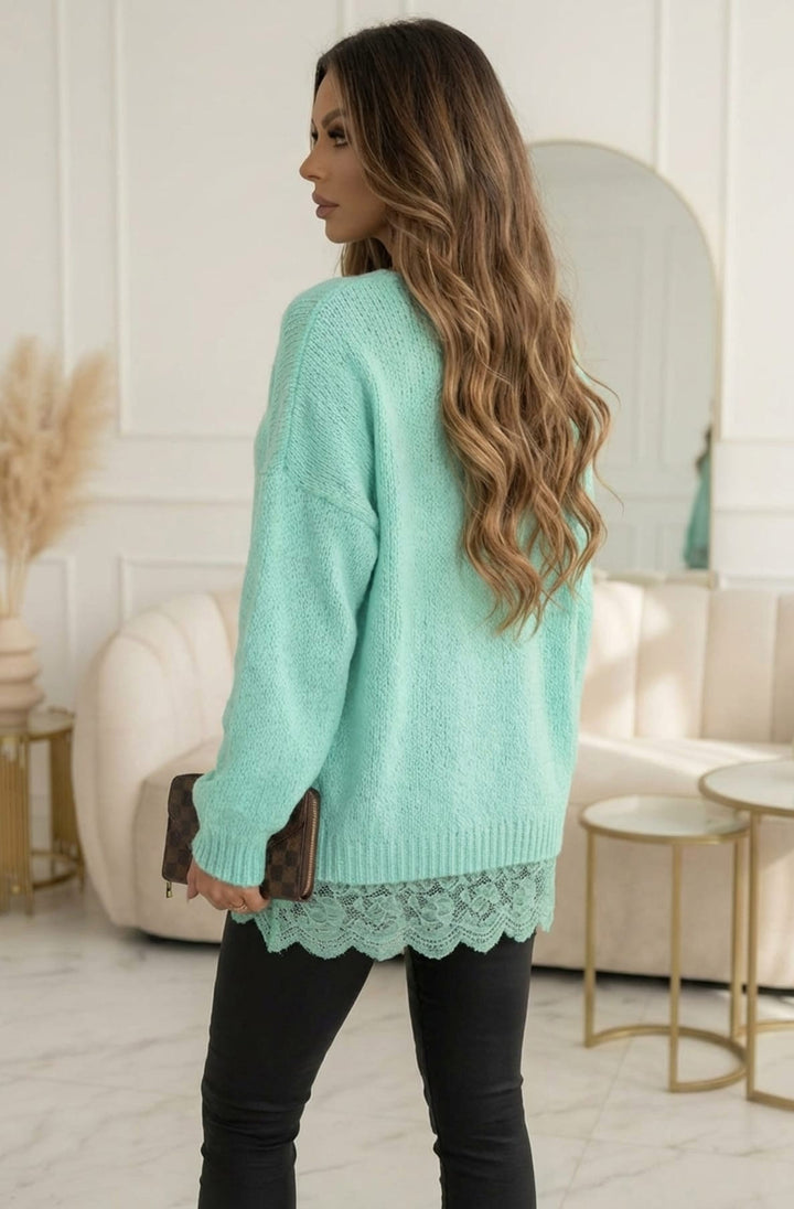 Sola Oversized V Neck Lace Hem  Knitted Sweater Jumper-Mint