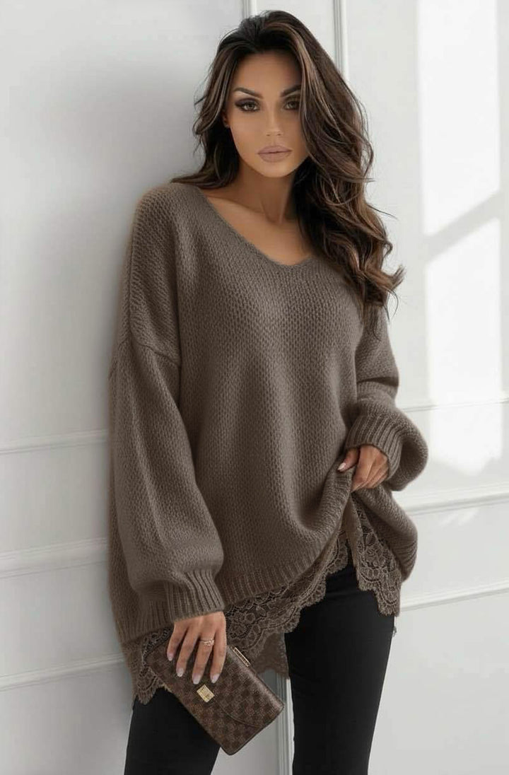 Sola Oversized V Neck Lace Hem  Knitted Sweater Jumper