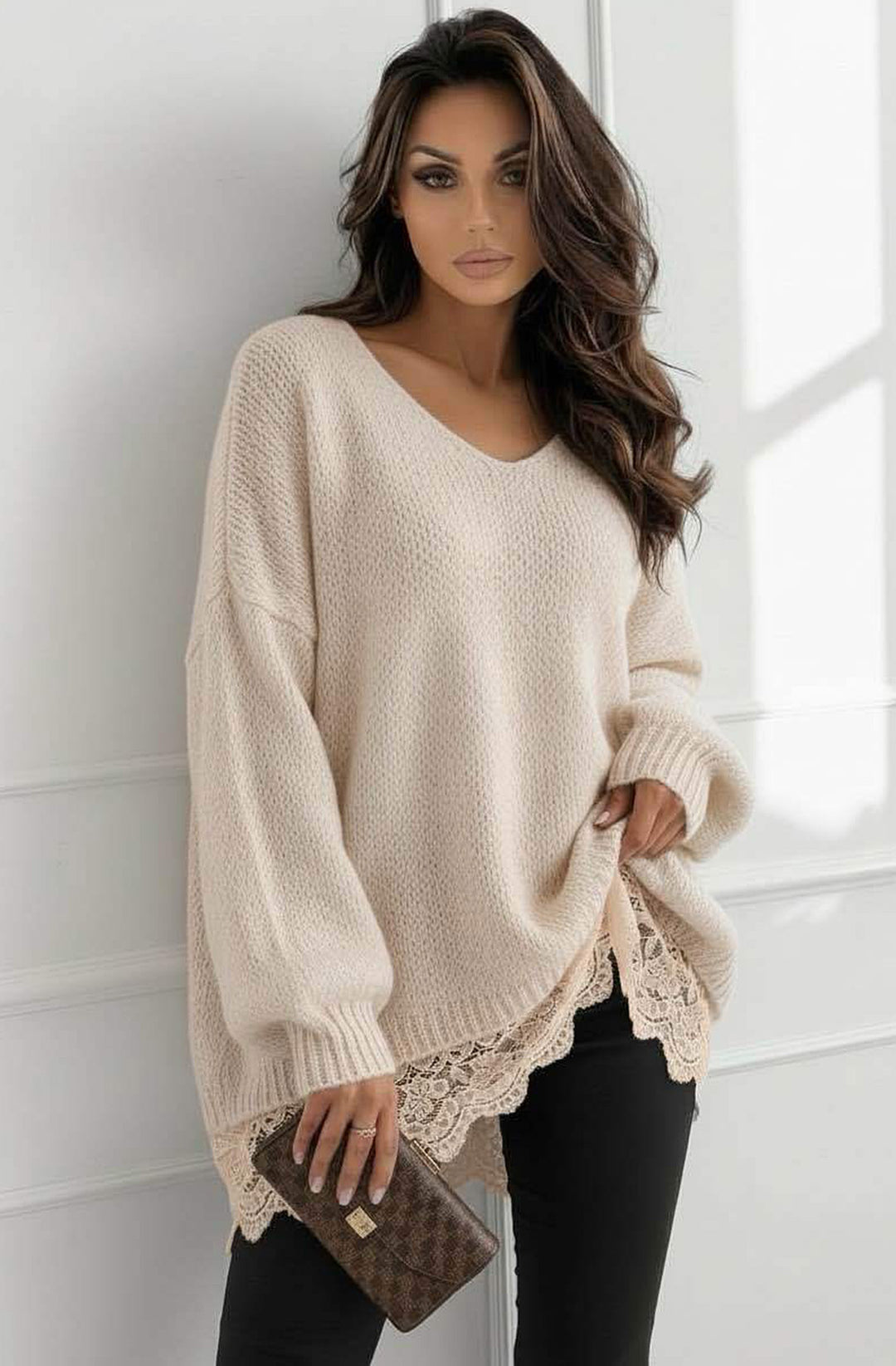 Sola Oversized V Neck Lace Hem  Knitted Sweater Jumper